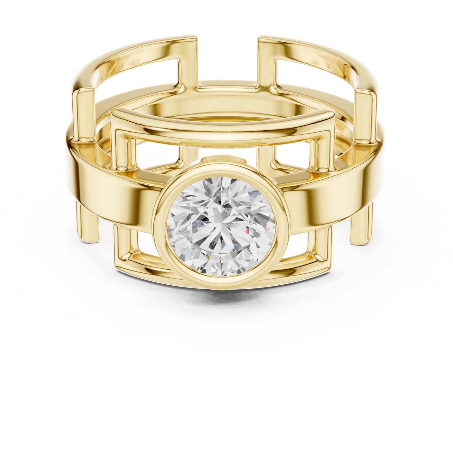 Bold Bezel Solitaire Ring | Architectural Open Band | Rose White Yellow Gold Plated