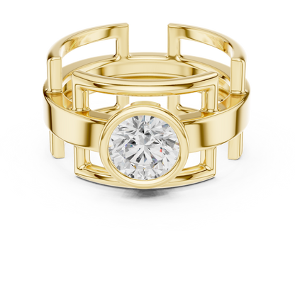 Bold Bezel Solitaire Ring | Architectural Open Band | Rose White Yellow Gold Plated