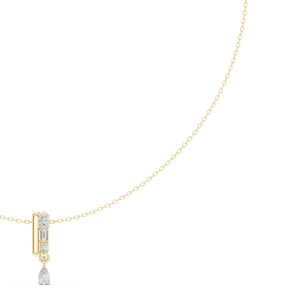 Architectural vertical diamond pendant - styled with minimalist aesthetics - expressing refined modern femininity