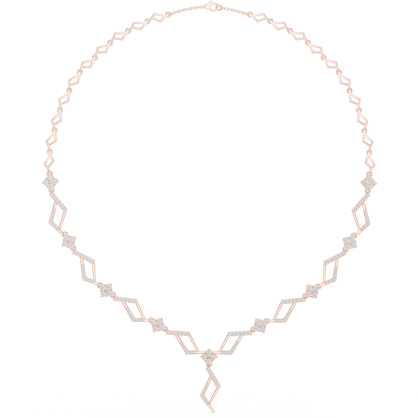 High End Diamond Necklace - Rose Silver Angular Motif - Luxury Modern Bridal Jewelry