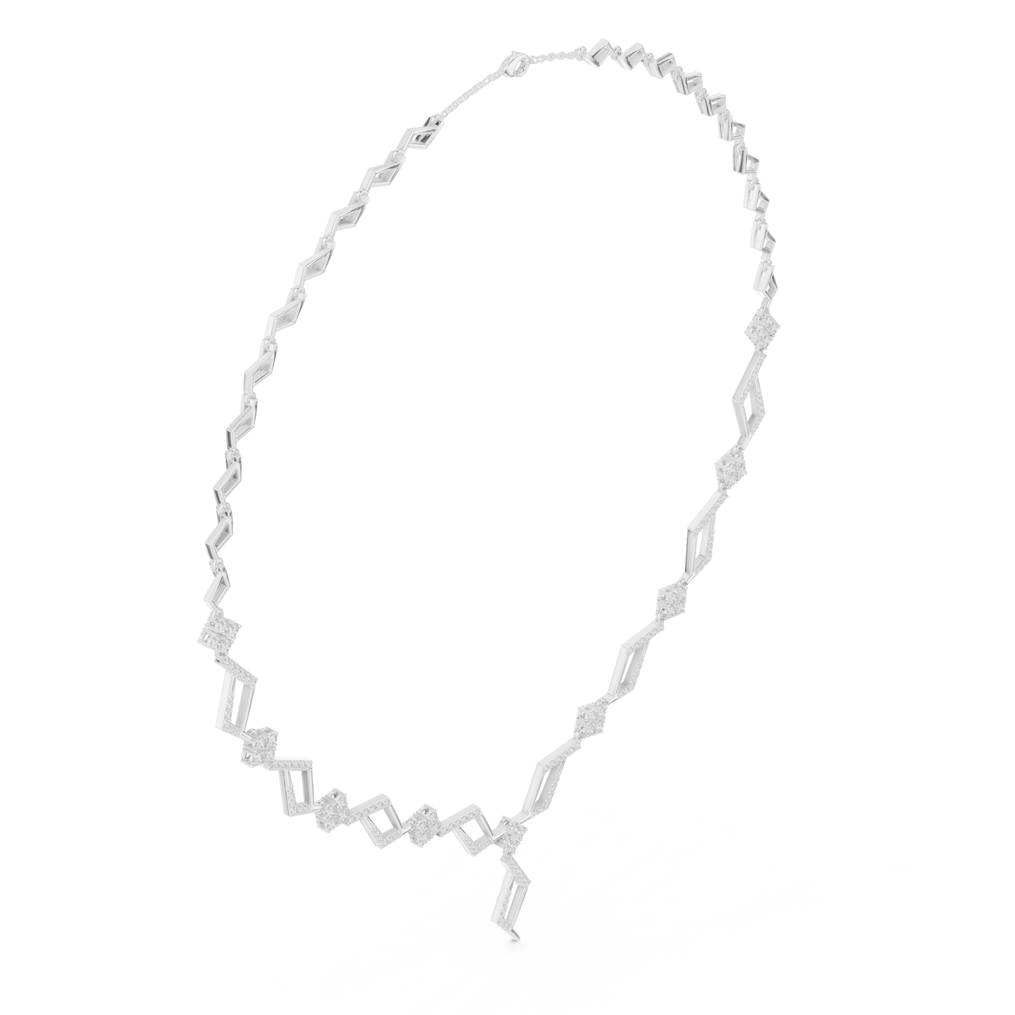 High End Diamond Necklace - Rose Silver Angular Motif - Luxury Modern Bridal Jewelry