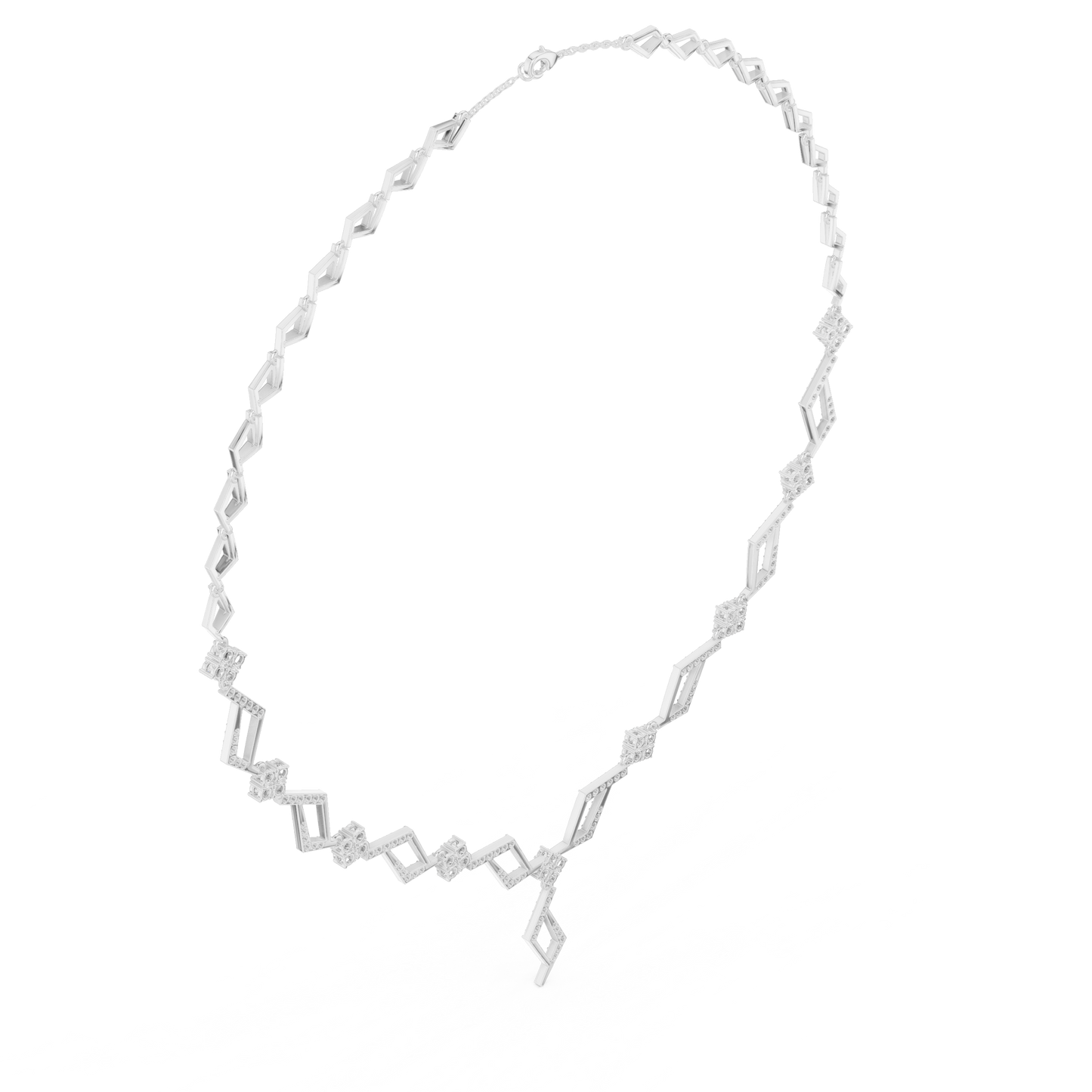 High End Diamond Necklace - Rose Silver Angular Motif - Luxury Modern Bridal Jewelry
