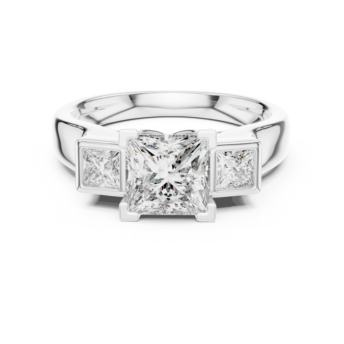 Scale and measurement perspective of the 14K Gold Engagement Ring placed next to a ruler to show the accurate dimensions of the princess cut stone and the band width for customers who are concerned about finding the perfect size for their finger.

