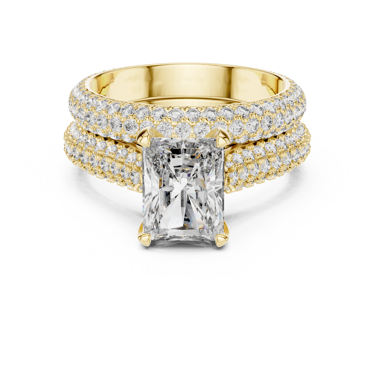 Scale and measurement reference image highlighting the 8.50mm x 6.50mm center radiant cut diamond dimensions alongside the 284 round diamond side stones totaling over 5 carats of overall gemstone weight.

