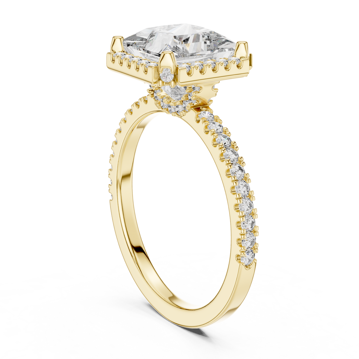Side Angle Perspective Of Princess Cut Diamond Engagement Ring Showing The Basket Setting And Delicate U Cut Pavé Side Stone Details
