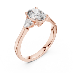 Side profile angle highlighting the refined collet setting and secure basket structure of the 14K Gold Lab Diamond Three Stone Ring with precise CAD design details, showing the elegant elevation of the oval center gemstone.