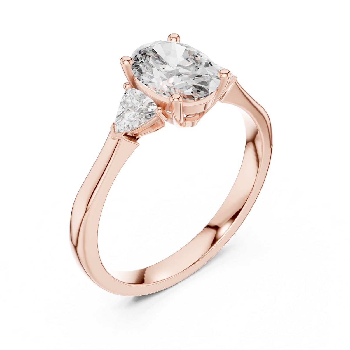 Side profile angle highlighting the refined collet setting and secure basket structure of the 14K Gold Lab Diamond Three Stone Ring with precise CAD design details, showing the elegant elevation of the oval center gemstone.