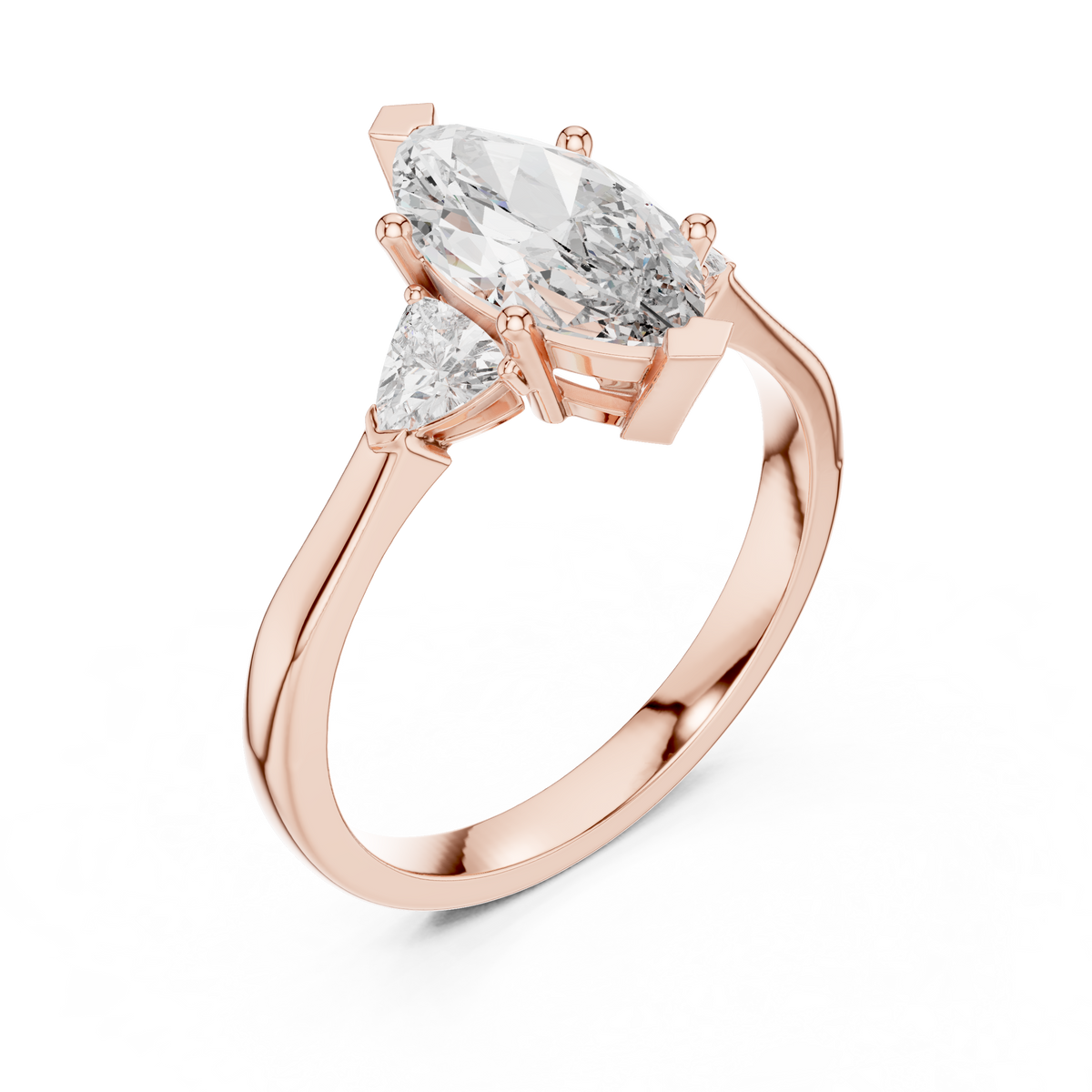 Side profile angle of a solid 14K Gold three stone engagement ring highlighting the sleek collet basket craftsmanship and the brilliant symmetry of the Marquise and Trillion Cut lab grown diamonds.

