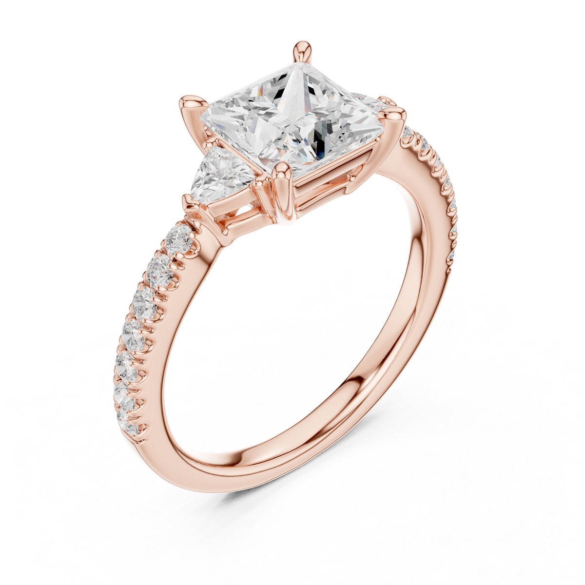 Side profile angle of an 18K Gold Lab Diamond Engagement Ring detailing the three stone basket setting with raised prongs, custom gallery understructure, and elegant side accent diamonds crafted to capture maximum light and fire for luxury anniversary gifts and wedding celebrations.