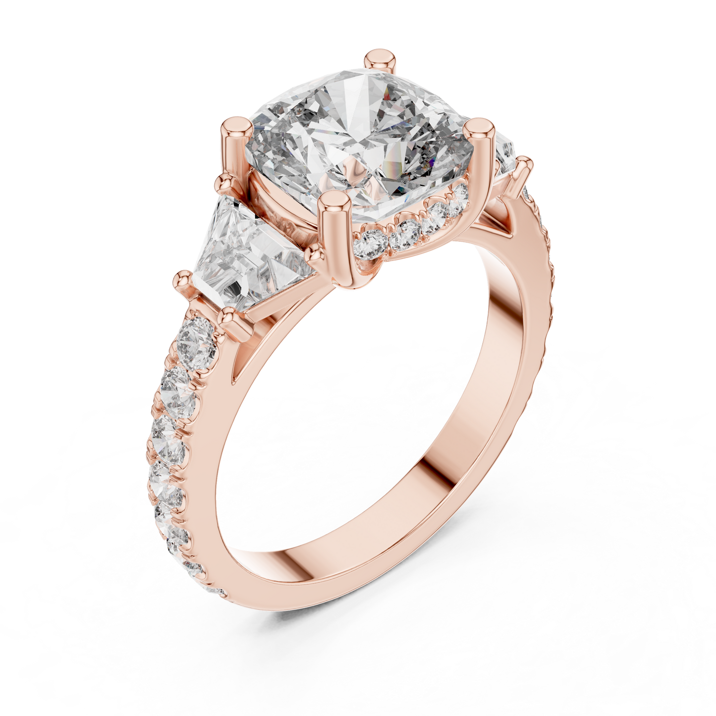 Side profile angle of the 14K Gold Octagon lab diamond ring highlighting the exquisite hidden halo craftsmanship and the intricate round accent stones set along the delicate split shank band