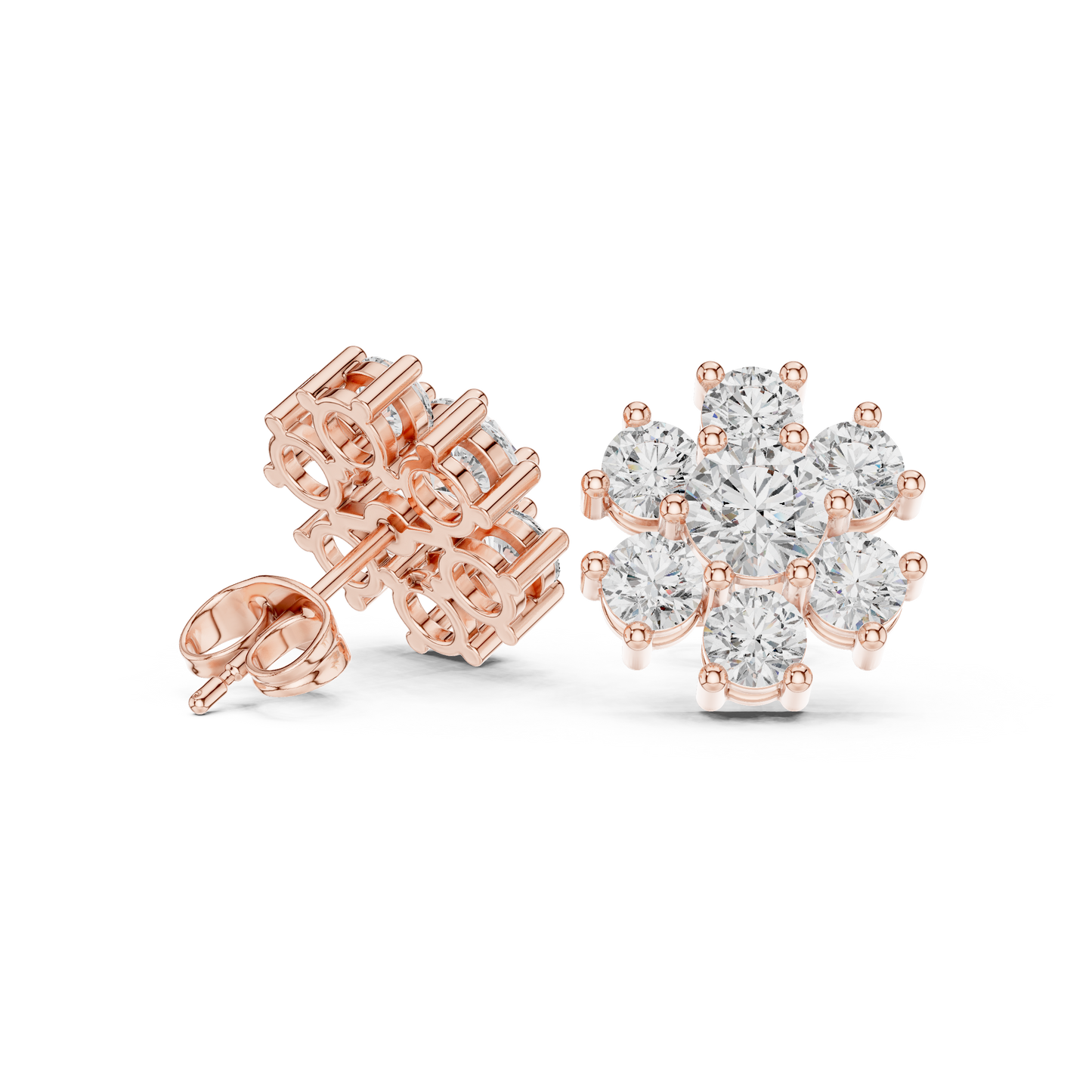 Side profile angle of the 14K gold flower cluster earrings displaying the height and secure setting of the diamonds. This design offers a comfortable fit for everyday wear while maintaining a sophisticated look suitable for an anniversary gift for her.