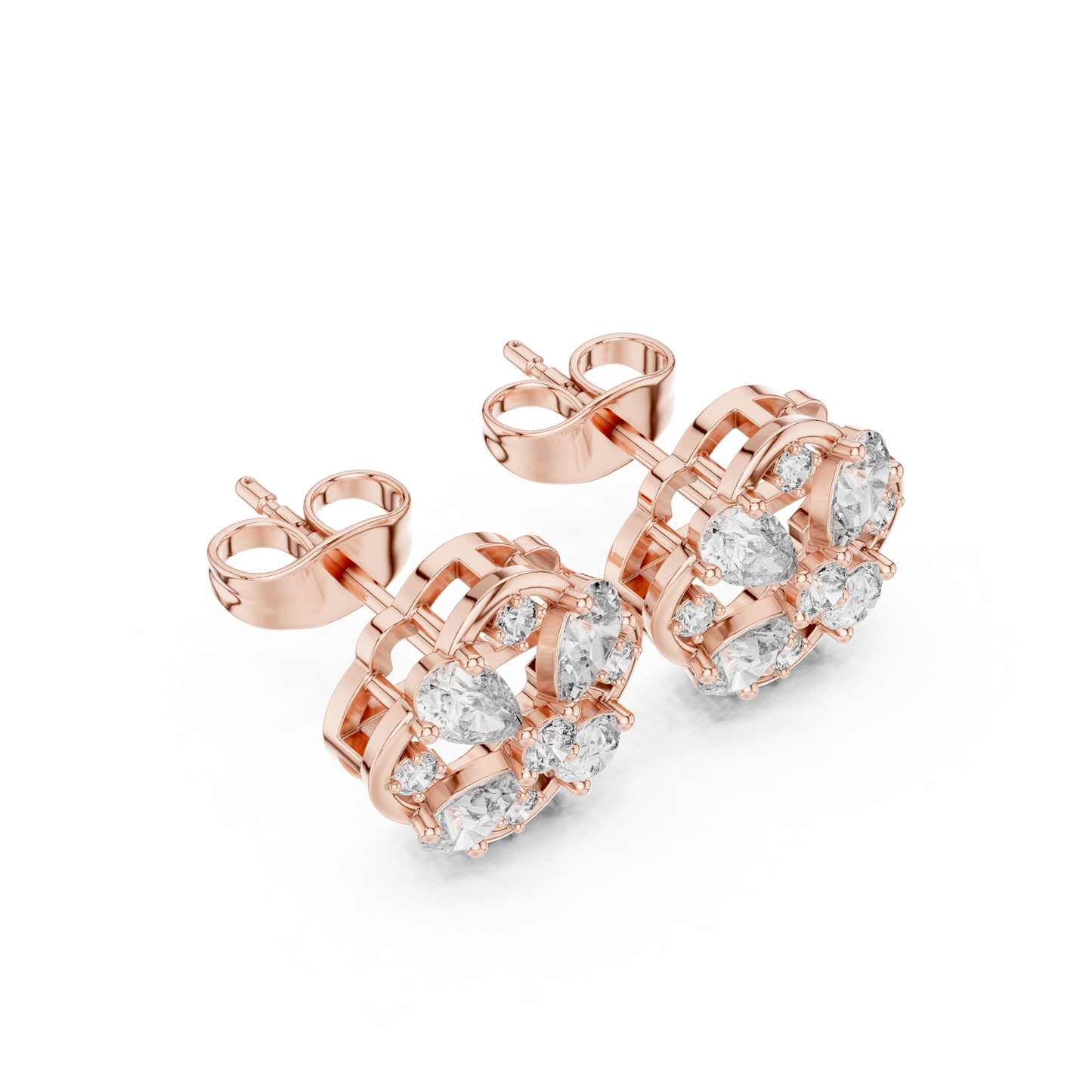 Side profile angle of the floral diamond stud earrings highlighting the expert craftsmanship and sturdy collet setting designed by HB Prestige Jewels for luxury jewelry collection