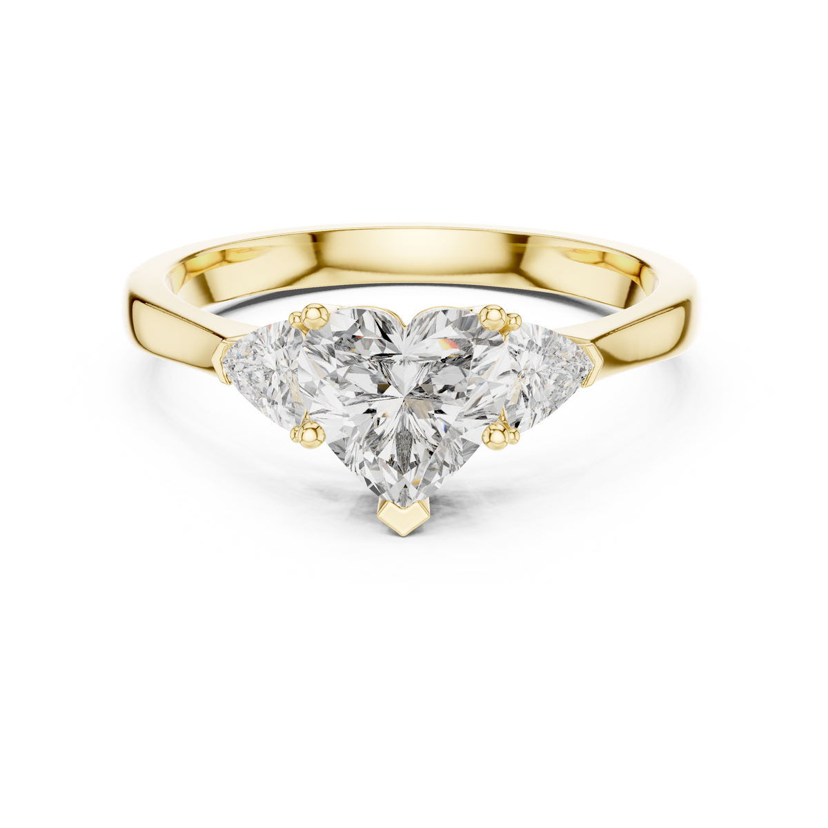 Side profile angle showing under gallery craftsmanship structural balance and security of collet setting for heart shape and trillion lab diamonds.

