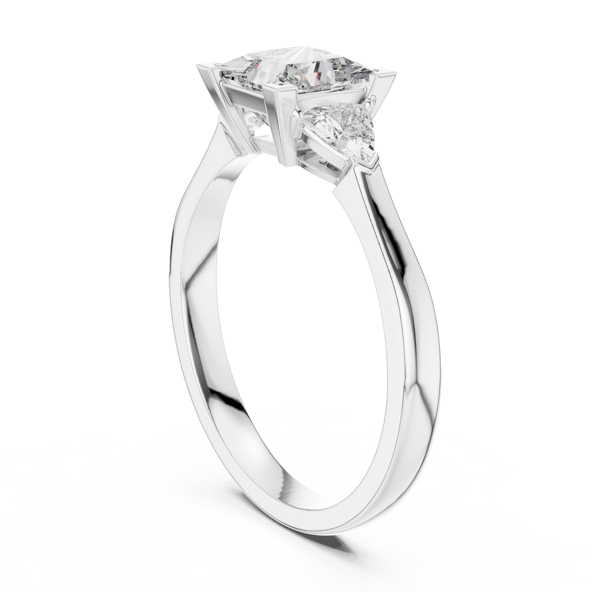 Side profile lighting view of the Bridal Engagement Princess Cut Lab Grown Diamond Ring showing the sleek setting profile and polished metal shank, creating an elegant past present future bridal ring.