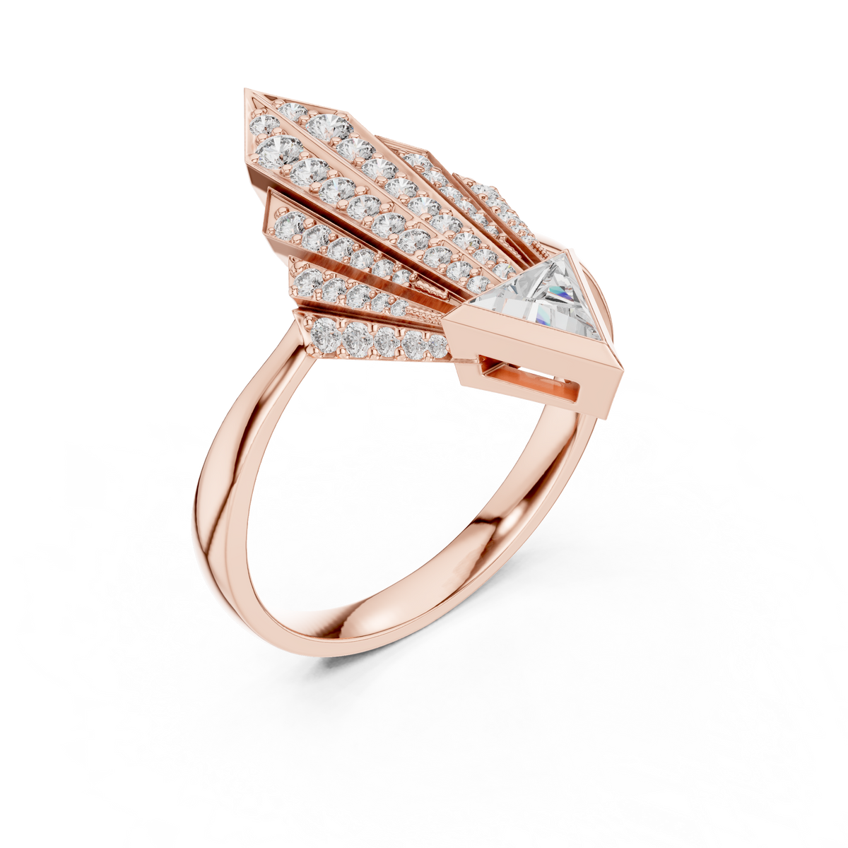 Side profile perspective of the 14K Gold Lab Diamond Ring displaying the intricate bezel setting and prong detailed shield setting. Crafted with solid 14k gold and high clarity lab grown diamonds this unique statement ring offers superior sparkle and vintage art deco charm for everyday luxury wear.