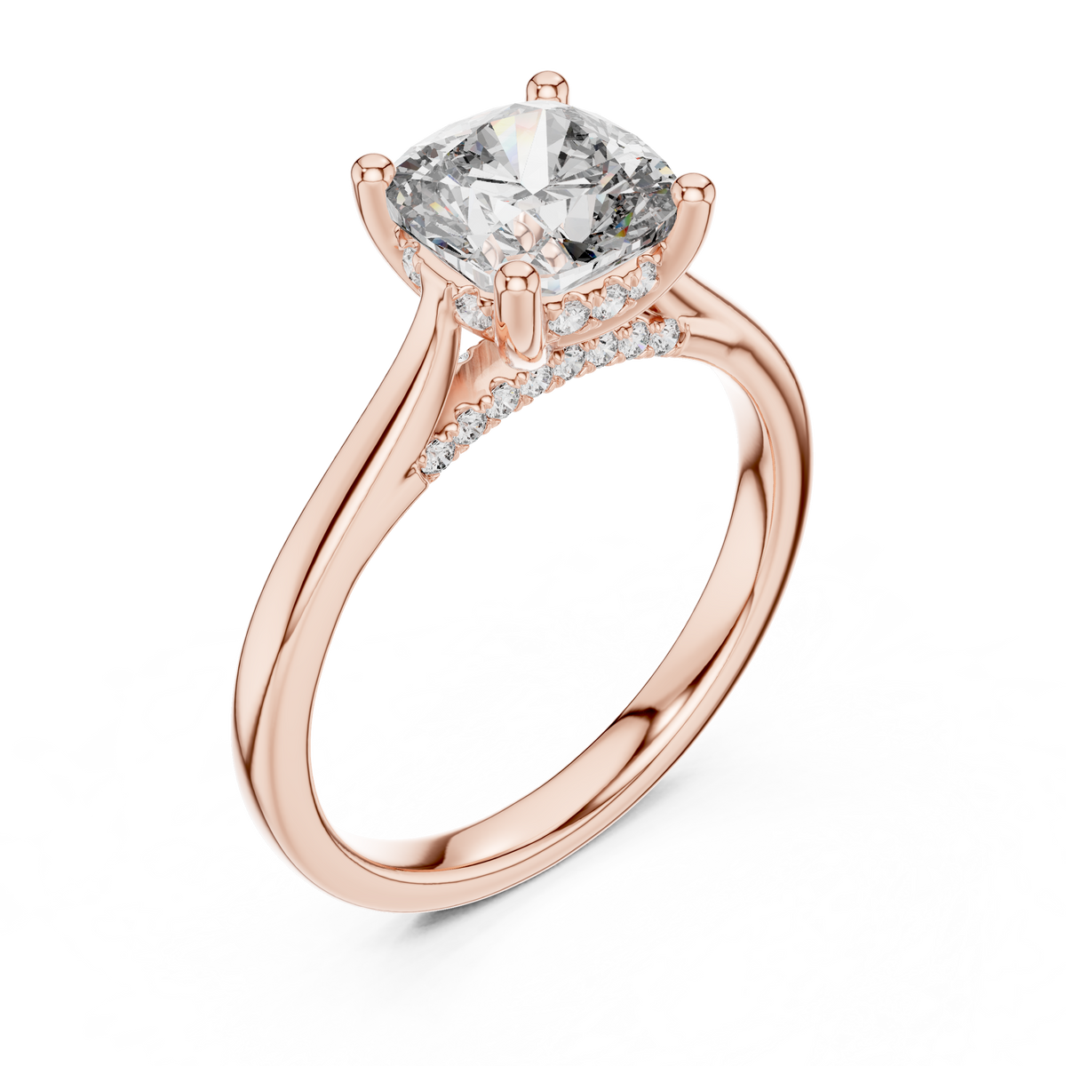 Side profile view highlighting the cathedral bridge and hidden halo collet design setting studded with sparkling round lab grown diamonds in solid 14K white gold polish finish.


