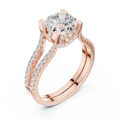 Side profile view highlighting the cathedral hidden halo setting and sparkling pave diamond band on a high quality 14K gold engagement ring