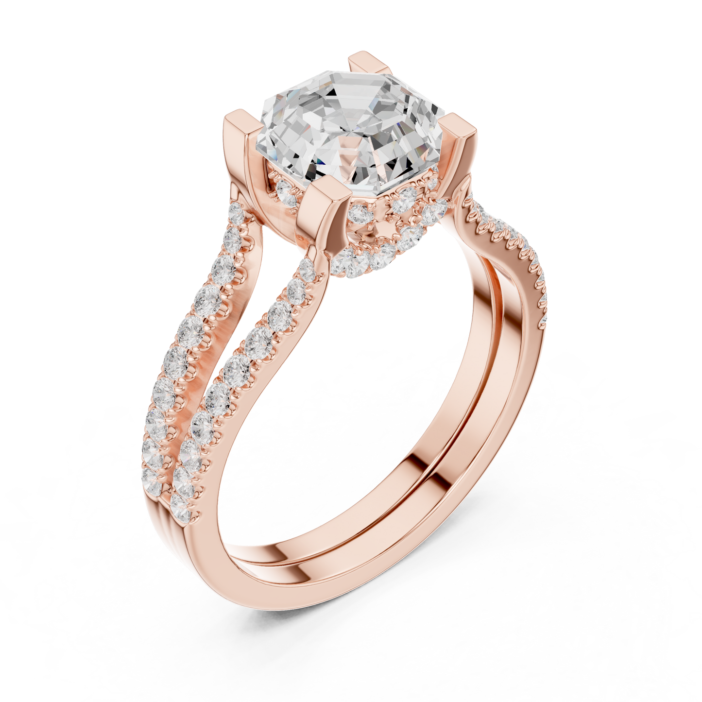 Side profile view highlighting the cathedral hidden halo setting and sparkling pave diamond band on a high quality 14K gold engagement ring