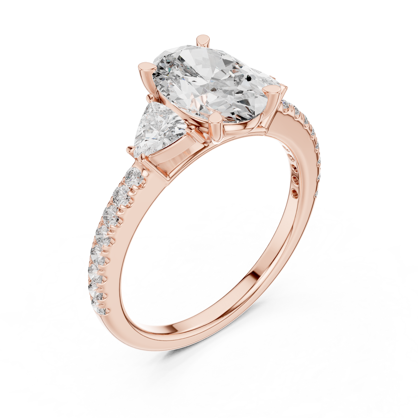 Side profile view highlighting the intricate hidden halo setting and cathedral bridge of the 14K gold oval diamond engagement ring by HB Prestige Jewels