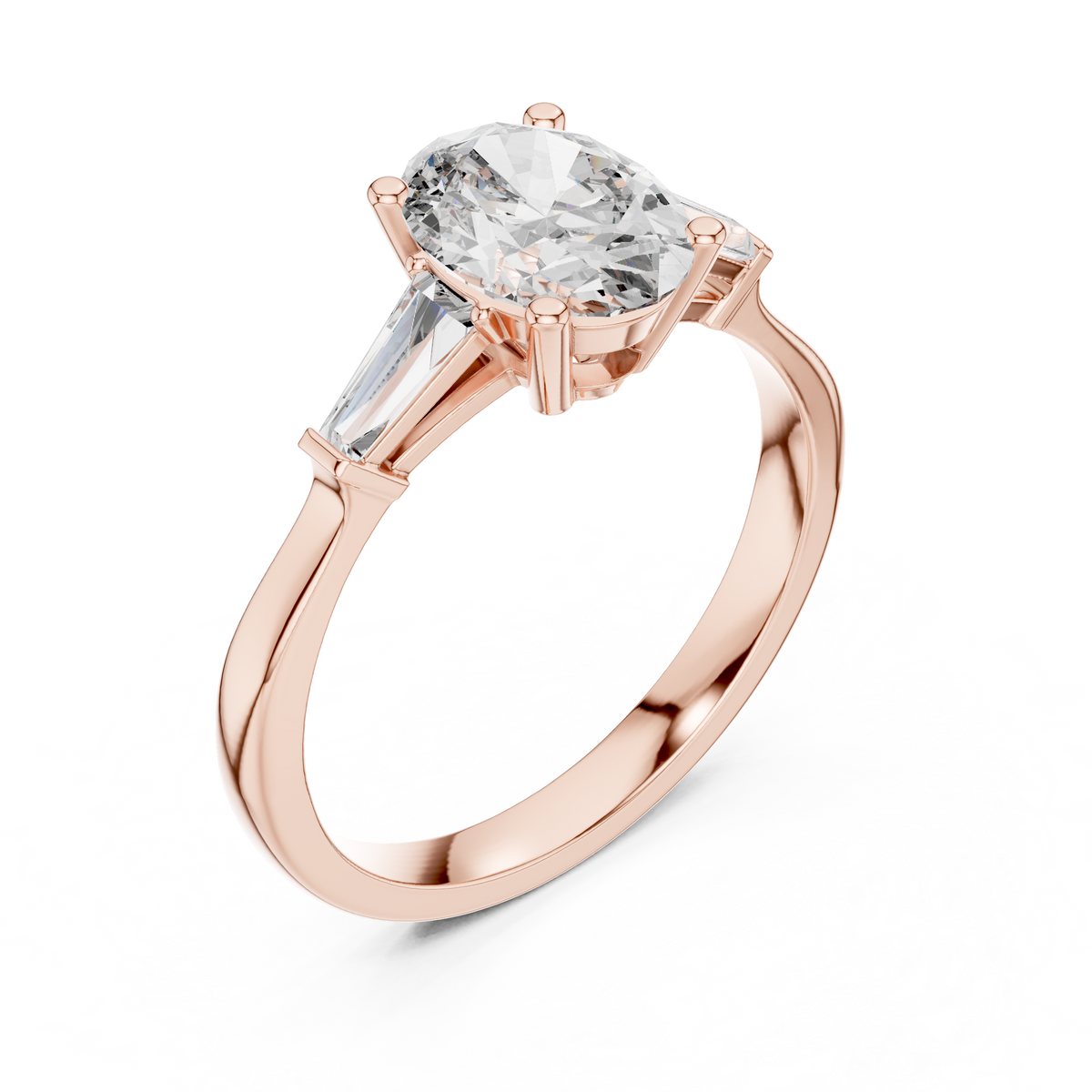 Side profile view highlighting the secure collet basket setting and smooth tapered shank design of this 18k solid gold oval diamond engagement ring with clear sparkling accent baguettes

