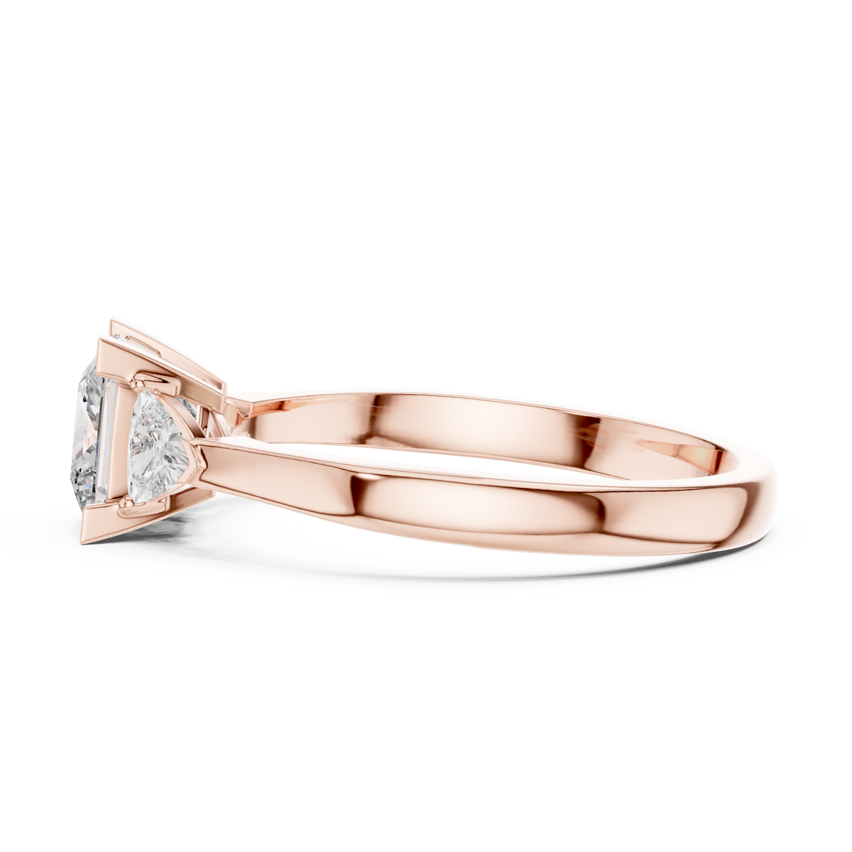 Side profile view of the Bridal Engagement Princess Cut Lab Grown Diamond Ring in rose gold, revealing the architectural collet setting, sleek gallery prongs, and smooth polished band, ideal as a romantic anniversary gift for her.