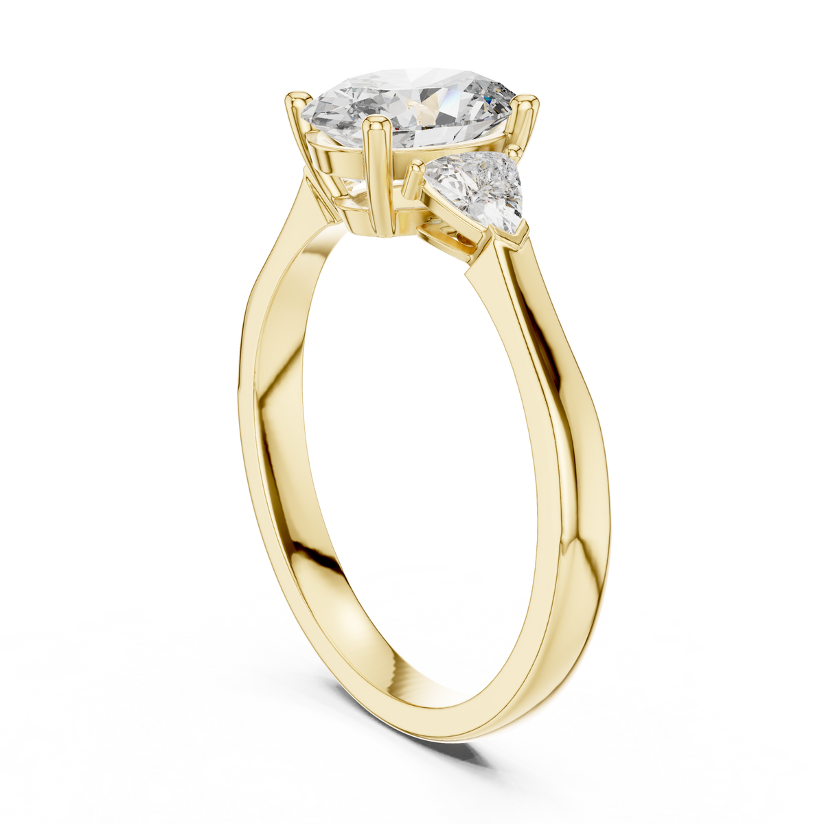 Soft studio light portrait of the three stone oval lab grown diamond ring showcasing the high gloss finish of the gold metal band and crystal clear purity of the VVS lab diamonds.