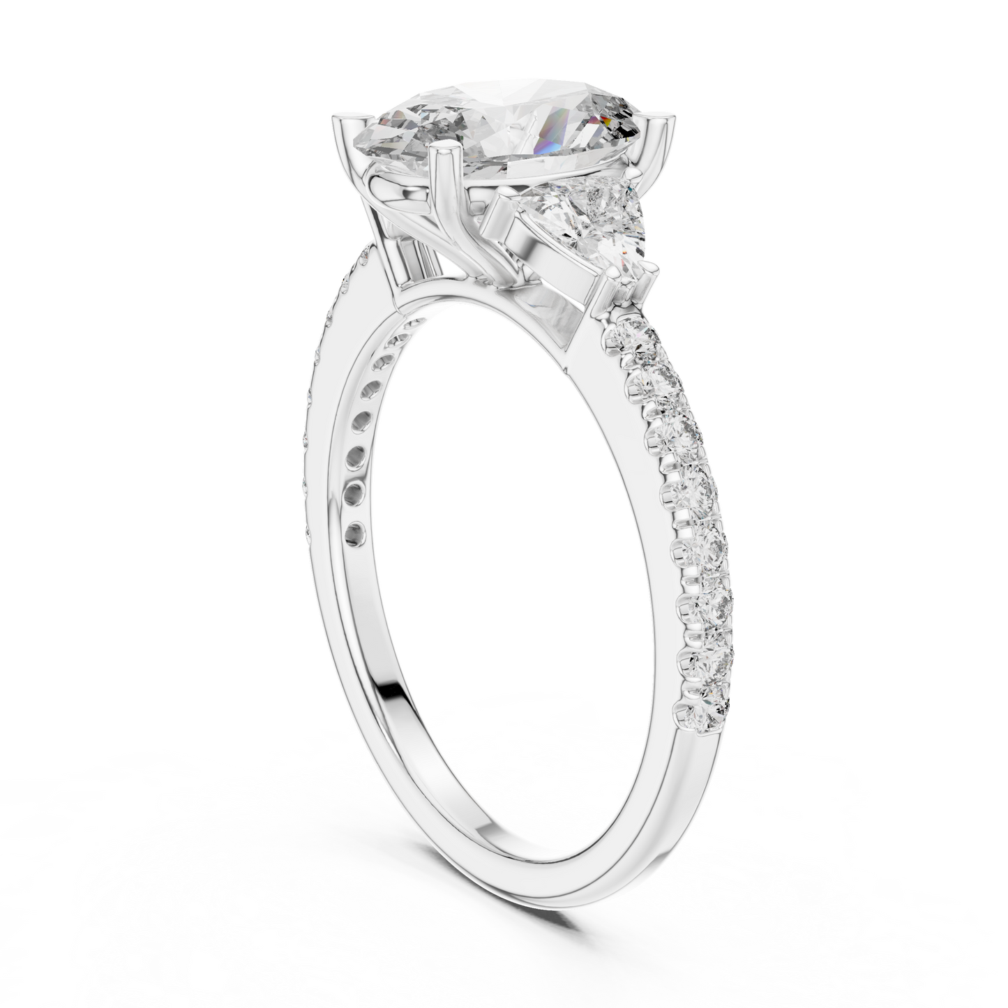 Soft sunlight reflection view capturing the brilliance of the oval lab grown diamond and the sparkle of the pave band in a natural daylight environment