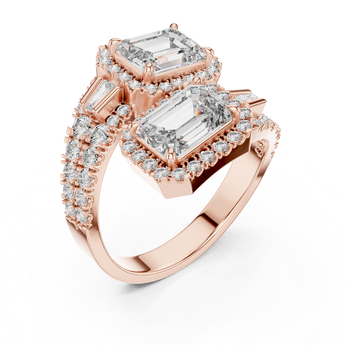 Solid 14K Yellow Gold Lab Diamond Ring side profile shot highlighting the cathedral gallery structure and split shank band set with micro pave diamonds and accent baguettes, showcasing premium craftsmanship for women searching for fine lab diamond jewelry.