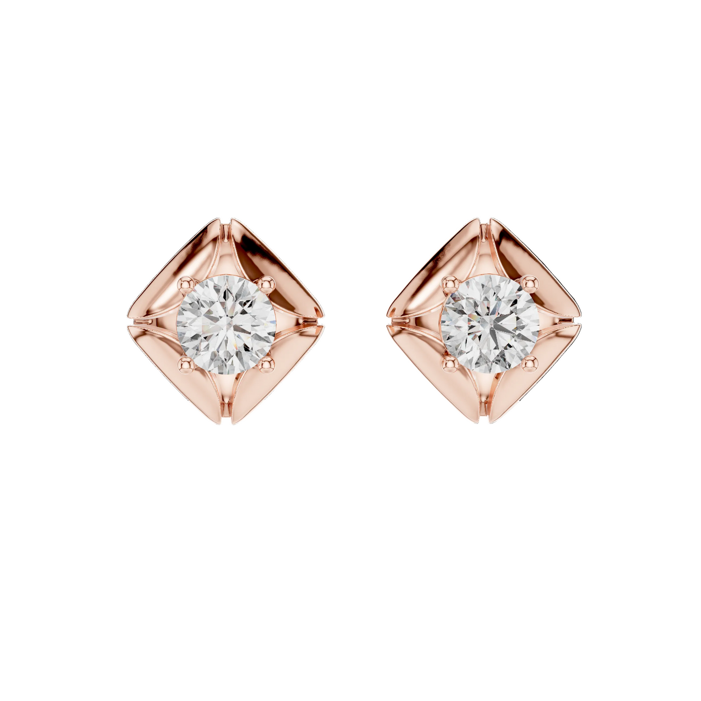 Rose gold diamond earrings on a white background