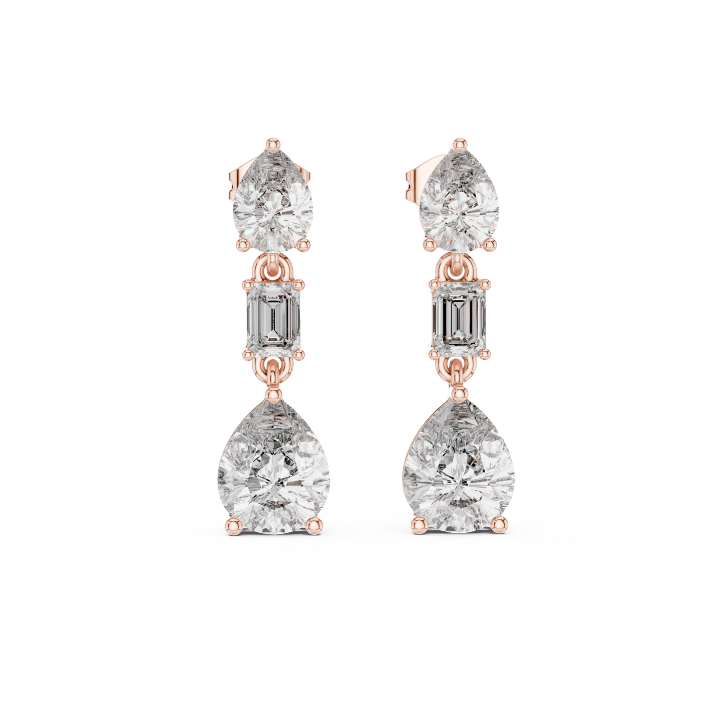 Sparkling moissanite diamond drop earrings on model ear view