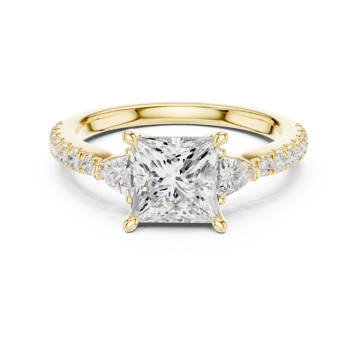 Stacked band perspective displaying the 14K Gold Lab Grown Diamond Three Stone Ring paired seamlessly with a matching eternity wedding band, demonstrating versatile styling for contemporary luxury bridal sets.