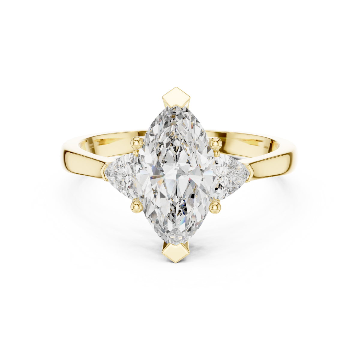 Stacked band style view showing how a solid gold wedding band fits flush alongside this Marquise cut three stone lab grown diamond engagement ring.

