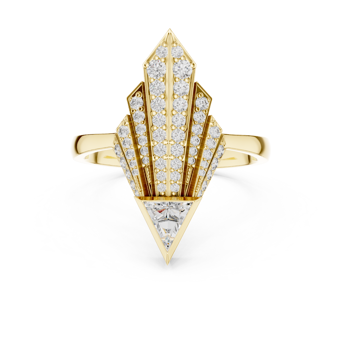 Stacked view showing the geometric trillion diamond ring paired alongside a delicate gold wedding band. The versatile flat edges and tapered shank allow it to sit comfortably next to bridal bands making it a unique engagement ring option for modern fashion forward brides.