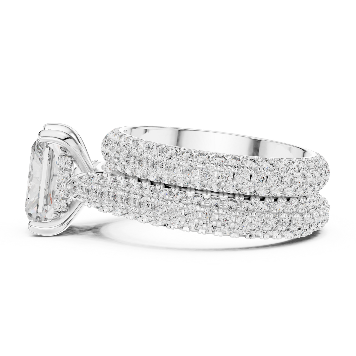 Stacked wedding band pairing view showcasing how this radiant cut lab diamond cathedral ring seamlessly matches with full eternity pave bands for a complete bridal jewelry set look.

