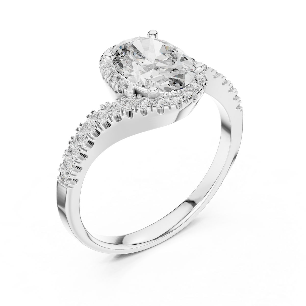 Stacking preview angle illustrating 14K Gold Oval Lab Diamond Engagement Ring paired flush beside matching gold eternity wedding band for complete bridal set.

