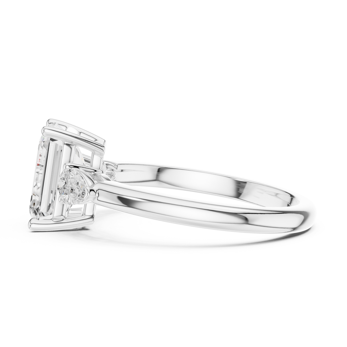 Stacking preview showing a 14K gold 3 stone emerald cut lab diamond ring fittedflush alongside a matching gold eternity wedding band for complete bridal ring set look.