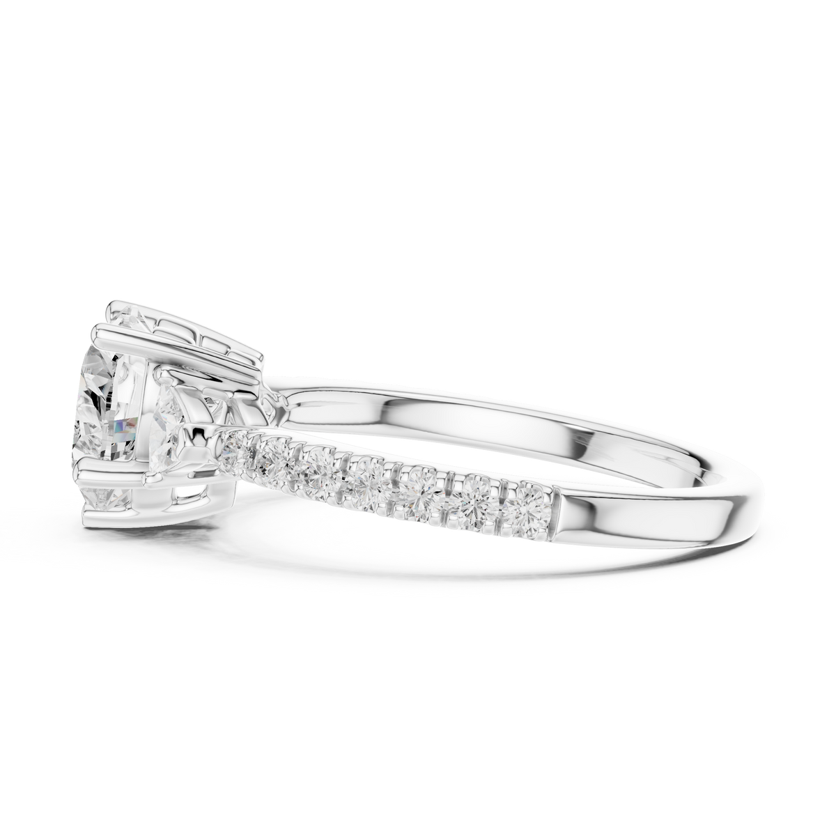 Stacking view of 14k white gold heart cut diamond ring alongside matching pave diamond wedding band, demonstrating versatile bridal ring stack aesthetics and custom gold options.