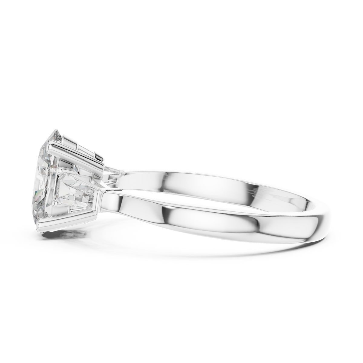 Stacking view showing this three stone oval diamond engagement ring paired perfectly alongside a solid gold matching eternity wedding band for bridal ring sets

