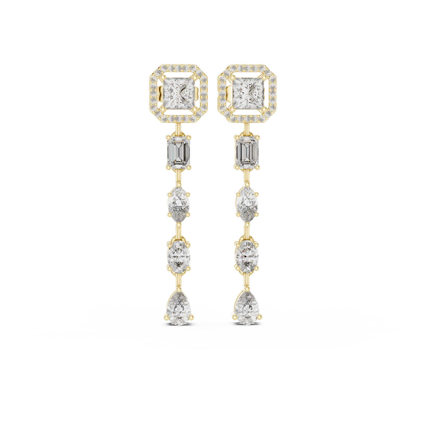 Statement princess cut halo drop earrings with emerald & pear cut diamond cascade in solid 14K gold.