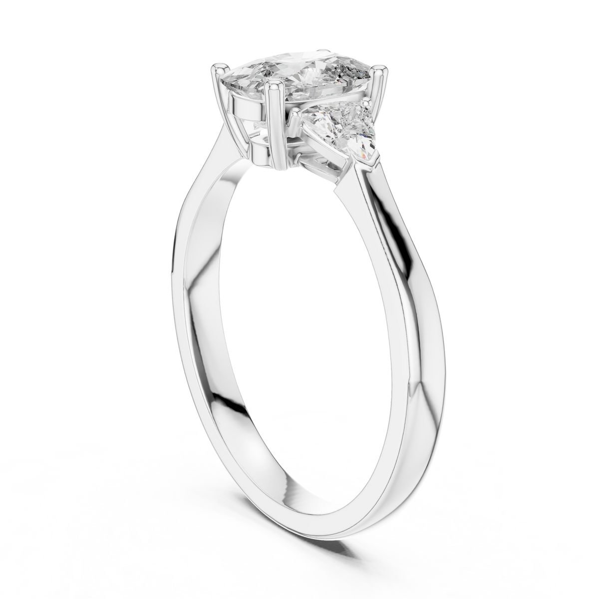 Studio direct light view displaying the fire, scintillation, and optical perfection of the lab-grown cushion diamond center stone paired with trillion accents, reflecting radiant rainbow light flashes against a clean white luxury background, optimized for Pinterest and Etsy visual search discovery.

