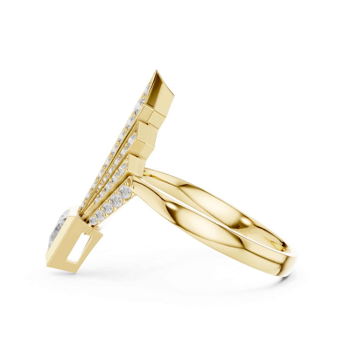 Studio lighting closeup capturing the clear EF color and VVS clarity lab grown diamonds set within this solid 14k yellow gold shield ring. The contrast between bright yellow gold and white lab diamonds enhances the geometric art deco silhouette dramatically.