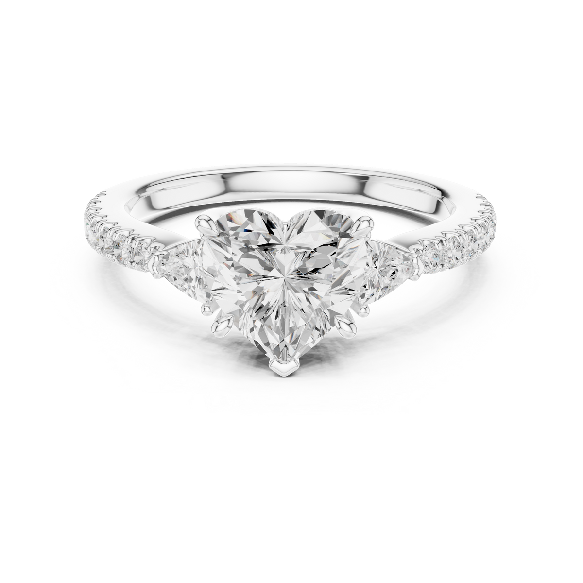 Studio lighting closeup of 1.50 carat heart lab diamond 3 stone ring highlighting top down table facet geometry and 14 pave set accent diamonds on band, tailored for luxury bridal jewelry lovers.