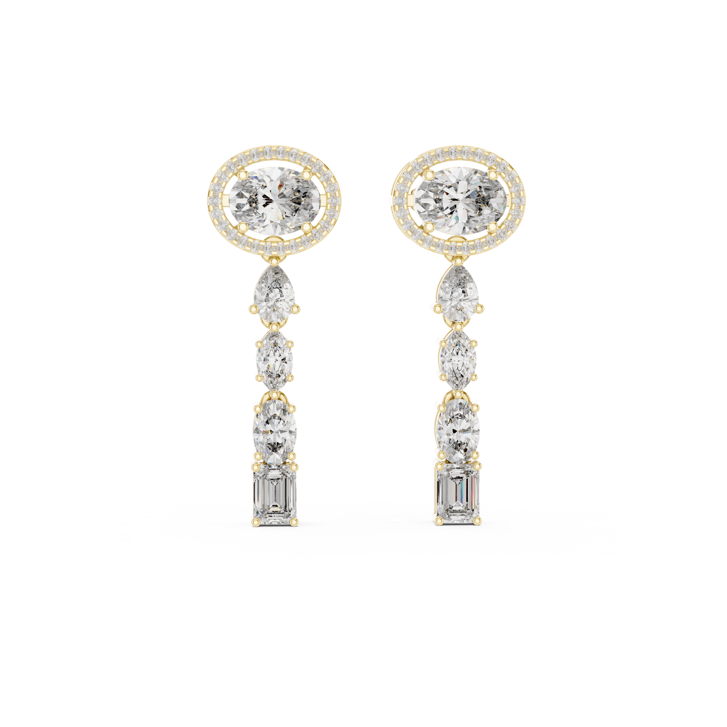 Stunning oval halo diamond drop earrings with cascading oval, pear & marquise stones in 14K gold. Luxury bridal statement jewelry that shines forever.