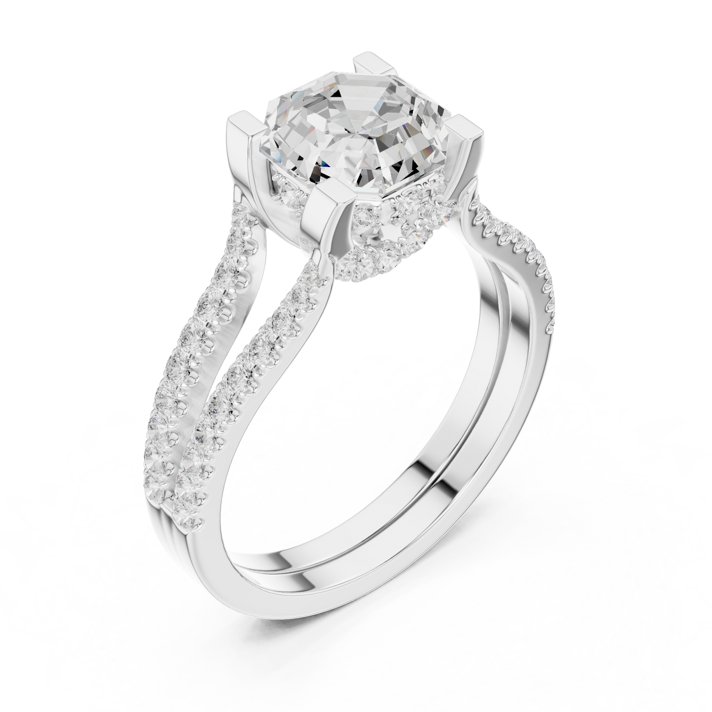 Sunlight reflection angle demonstrating the superior fire and brilliance of the octagon lab grown diamond in this modern bridal engagement ring