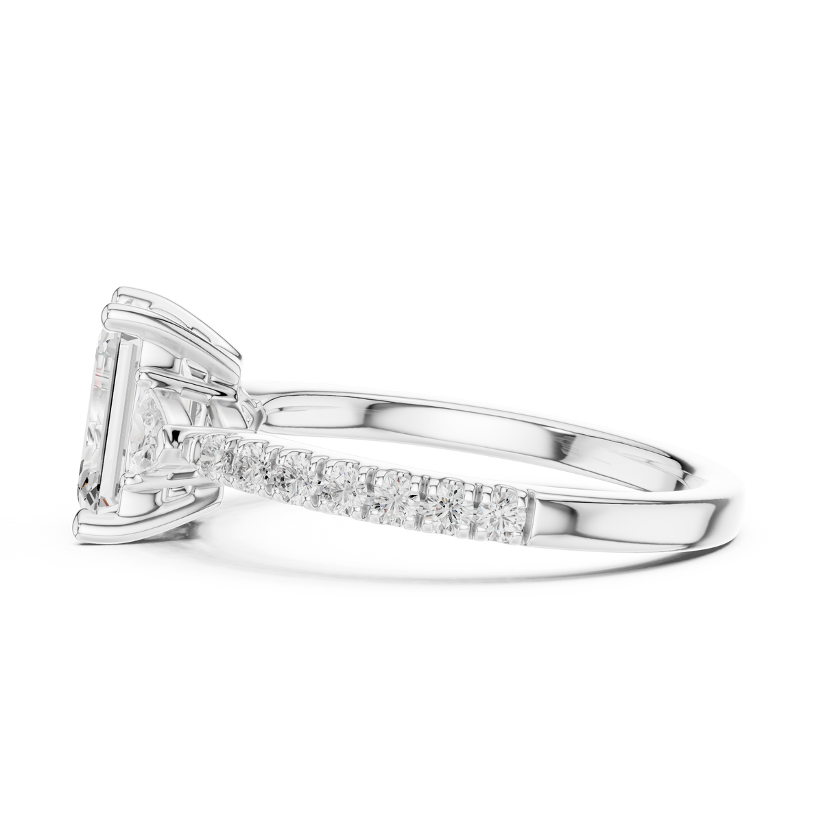 Sunlight reflection on the emerald cut diamond engagement ring showing high luster and brilliant fire in a natural setting