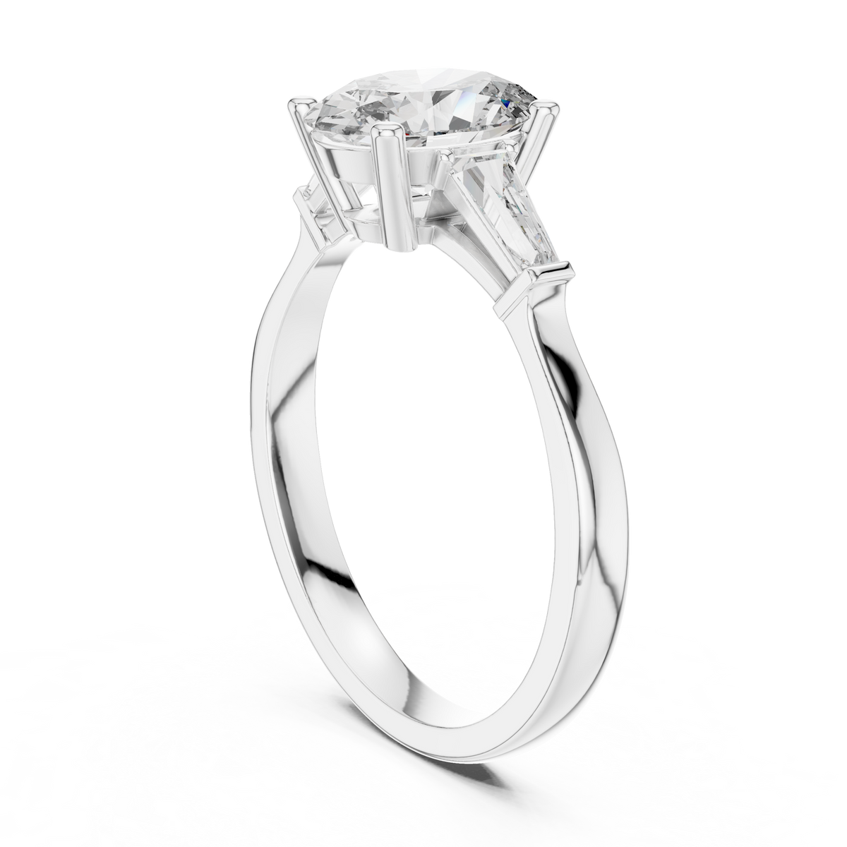 Sunlight reflection view displaying the vibrant brilliance and fire of the oval cut lab diamond and baguette accents set in white gold or yellow gold setting

