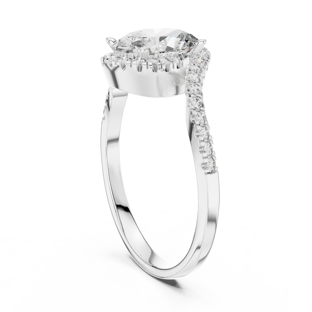 Sunlight sparkle reflection angle capturing high refraction brilliant light dispersion from oval lab grown diamond and micro pave accent diamonds on 14K gold shank.

