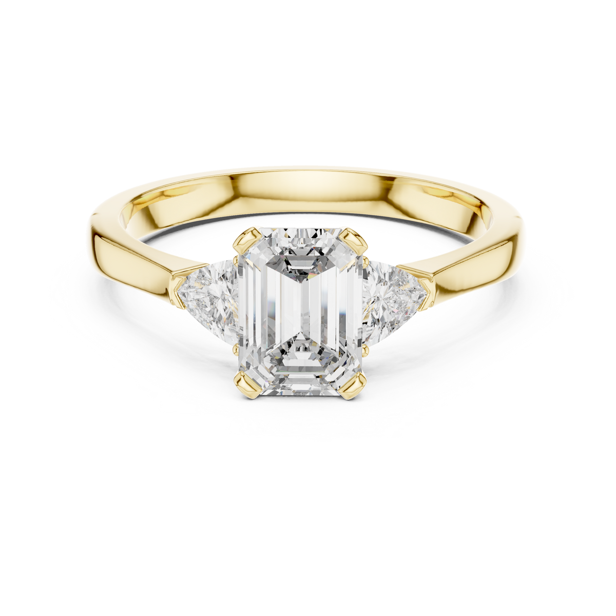 Technical scale view with measurements indicating the 7x5mm center stone and 3.75mm trillion side stones to help international buyers confirm dimensions before purchase

