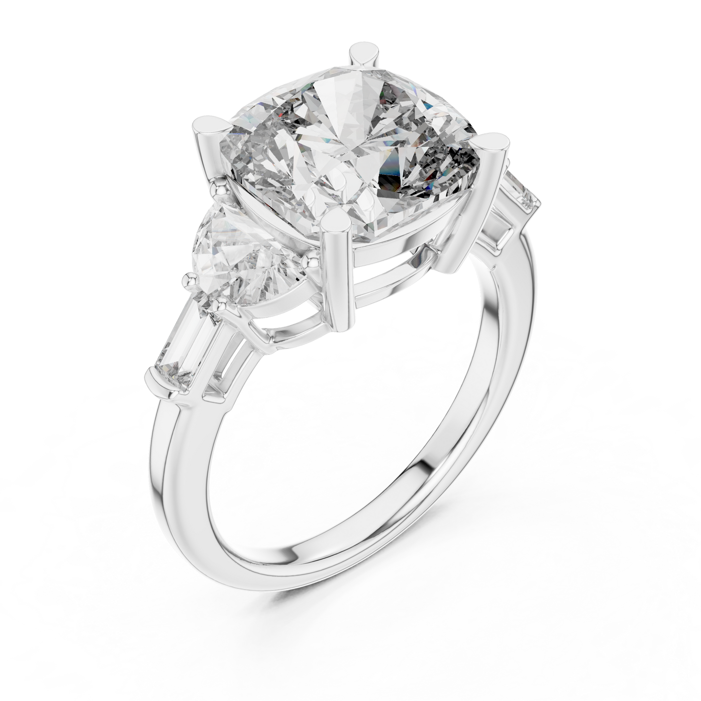 The 14K gold lab grown diamond ring captured in a bright studio environment reflecting light off the cushion cut stone to showcase the high quality cut and polish for US jewelry buyers