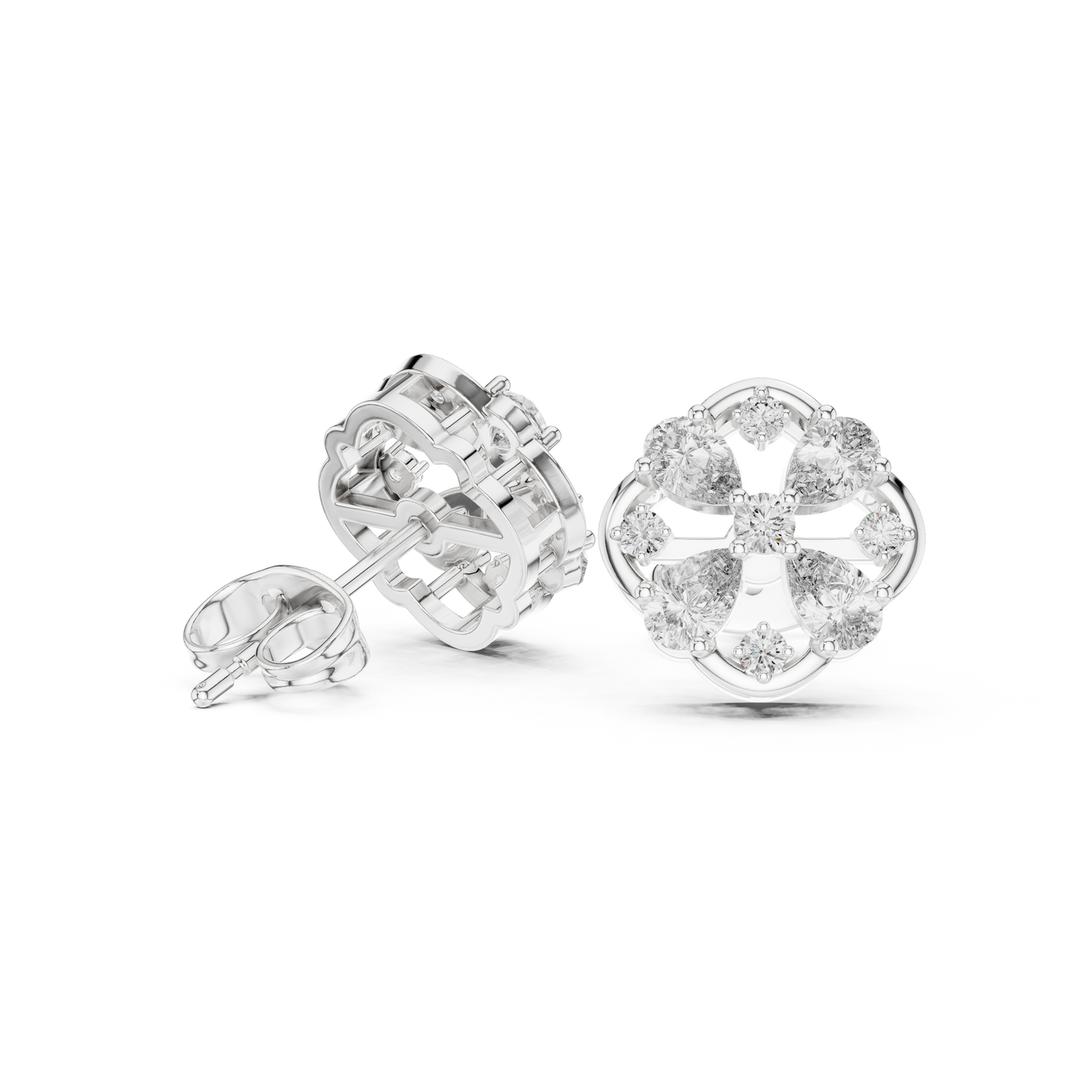 The floral diamond earrings held in hand to provide scale and size reference for online shoppers looking for dainty gold stud earrings for daily wear